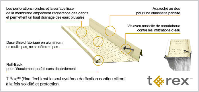 Avantages de T-Rex / Fixa-Tech, crochet continu solide et pare-feuilles contre les debris dans les gouttieres